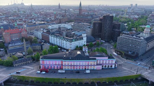 Aerial view of colorful Palads Teatret building, Copenhagen city, Denmark