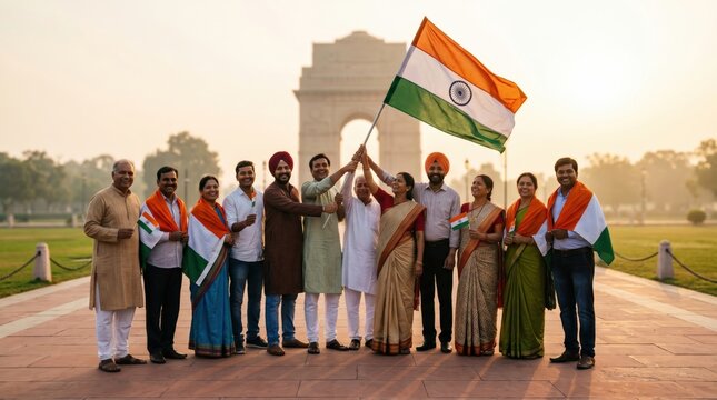 Proud indians celebrate 79th independence day, holding the national flag high at india gate during golden hour.