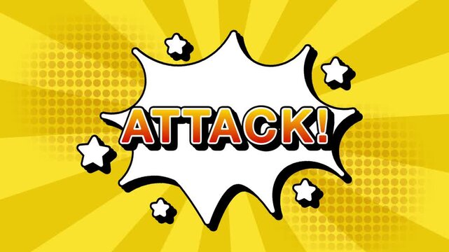 Attack text word lettering popup comic cartoon reveal with bomb and smoke explosion manga anime book page dots with radial speed lines doodle yellow background with seamless loop animation retro