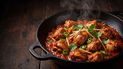 Fototapeta premium Hot chicken curry with ginger and chili in cast iron skillet
