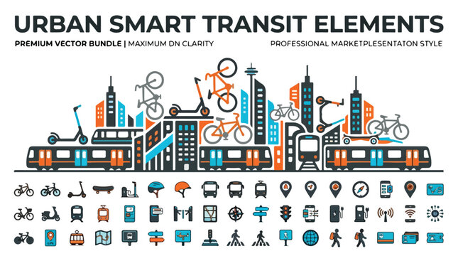 Urban smart transit elements, premium vector bundle of city transportation icons, modern metropolitan mobility and public transit graphics