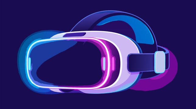 Futuristic virtual reality VR headset goggles with glowing light effects, flat vector illustration of wearable digital technology, gaming equipment, immersive 3D simulation glasses design.