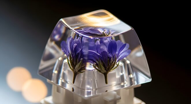 Clear resin keycap with purple flowers during macro photography against a blurred background