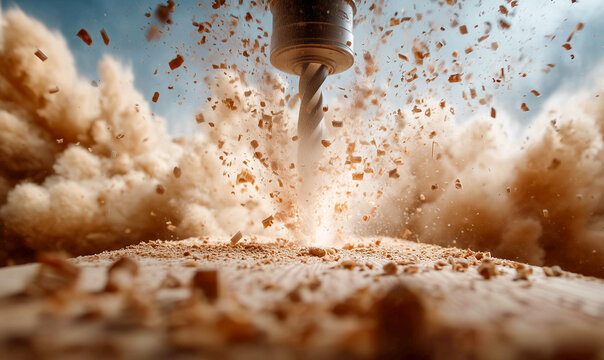 a drill with a spade bit boring a hole in a pine timber beam