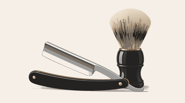 Professional classic straight shaving razor and brush set. Elegant flat vector illustration for barbershop branding, male grooming services, vintage hair salons, and personal hygiene products.