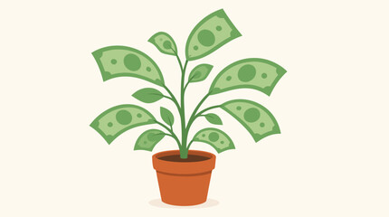 Fototapeta premium Money tree plant with leaves shaped like green banknotes growing in a minimalist clay pot, flat vector illustration symbolizing wealth, financial growth, investment, and prosperity in a clean style.