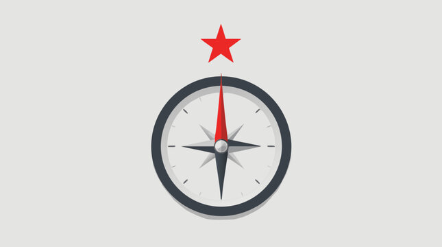 Minimalist flat vector illustration of a navigation compass with a blue needle pointing towards a bright red star on a clean light background symbolising direction guidance and exploration.
