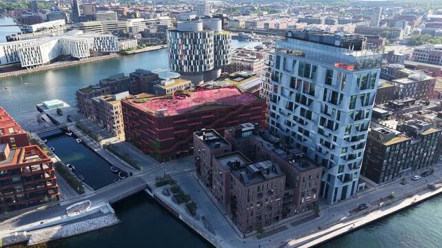 Aerial footage of Nordhavn harbor modern architecture, Copenhagen, Denmark