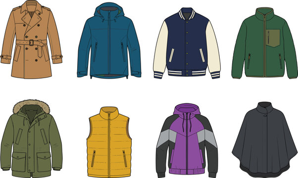 Men and women autumn winter jackets and outerwear vector illustration set with technical lifestyle coats