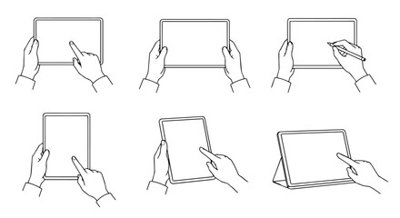 タブレットを操作する手元のシンプル線画セット・ベクター｜Tablet Hand Gesture Line Art Collection, Vector © Aki Creative