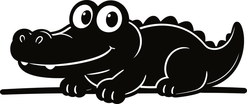 Cartoon illustration of a smiling black alligator lying on a line