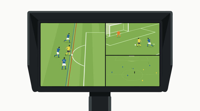 Video Assistant Referee VAR technology monitor screen in a football stadium setting, flat vector illustration of soccer refereeing decision system, high-tech sports broadcasting interface.