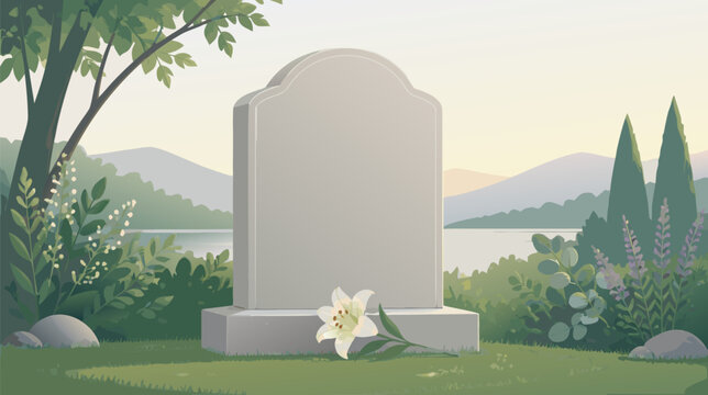 Minimalist flat vector illustration of a blank grey headstone in a cemetery with a single red rose lying on the grass, symbolizing mourning, remembrance, loss, and peaceful final rest.
