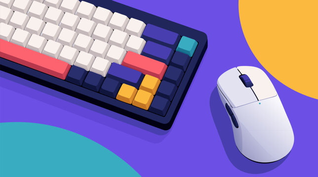 Modern computer hardware set with a sleek mechanical gaming keyboard and ergonomic wireless mouse in a clean flat vector design style for office workstations and digital productivity.