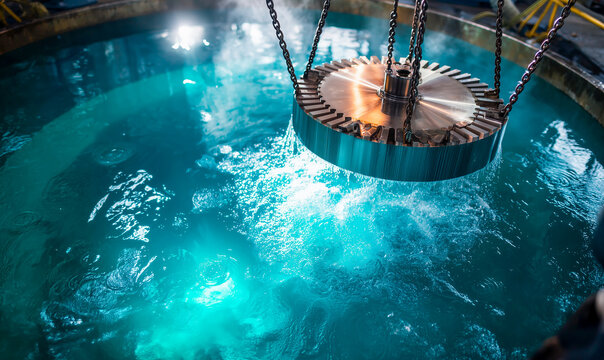 a wide high angle view of a steel gear being lifted from a chemical electroplating chrome bath