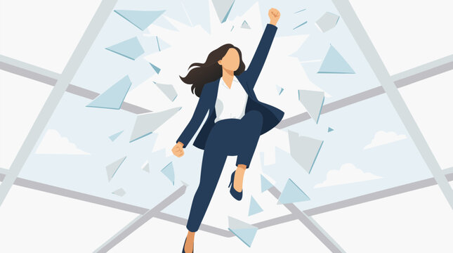 Faceless businesswoman breaking through a glass ceiling in a symbolic flat vector illustration, representing female empowerment, career advancement, gender equality, and shattering corporate barriers.