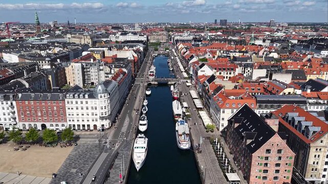 Drone shot of Nyhavn canal and waterfront, Copenhagen city, Denmark