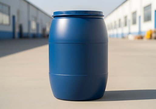 Large blue plastic barrel standing on concrete ground in an industrial area. plastic drum mockup