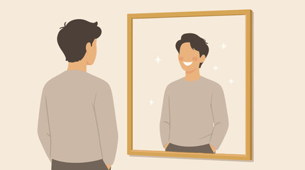 Obraz premium Faceless Person Looking into Mirror and Seeing a Happy Smiling Reflection Flat Vector Illustration Symbolizing Self Perception Mental Health Positivity Identity Self Love and Confidence Concept