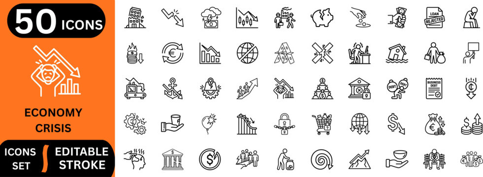 Economy crisis line editable icon set. Containing financial crash, bankruptcy, inflation, market recession, poverty, broken piggy bank, and more. Editable stroke. Vector illustration