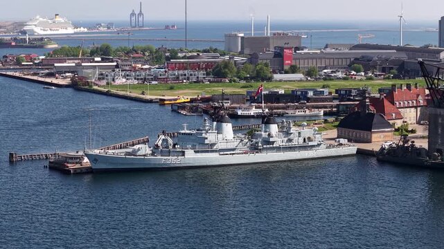 Drone shot of Peder Skram F352 frigate museum ship, Holmen, Copenhagen, Denmark