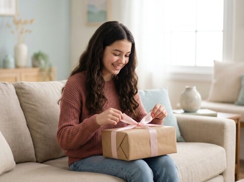 Smiling teenage girl opening a gift box with pink ribbon on a sofa