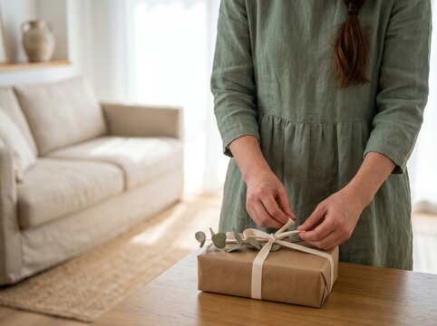 Woman wrapping gift box with ribbon and eucalyptus in a cozy living room