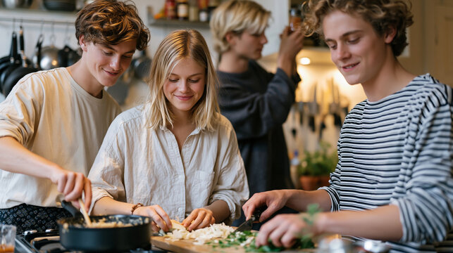 three young adult roommates cooking together in shared rental kitchen, one stirring pot on stove, another chopping vegetables on cutting board, third reaching into upper cabinet