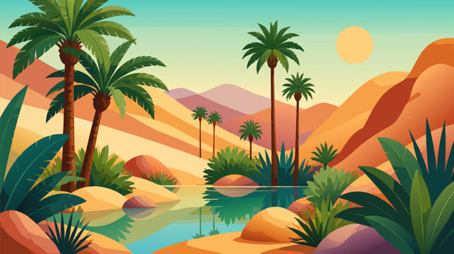 Abstract desert oasis landscape featuring tall green palm trees and a refreshing water spring in a flat vector illustration style capturing the serene beauty of a remote tropical paradise