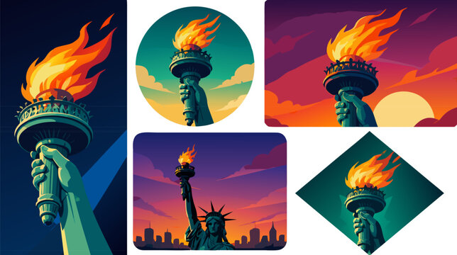 A powerful flat vector illustration of a burning torch of liberty with bright orange flames and a classic handle, representing freedom, democracy, enlightenment, and hope on a simple background.