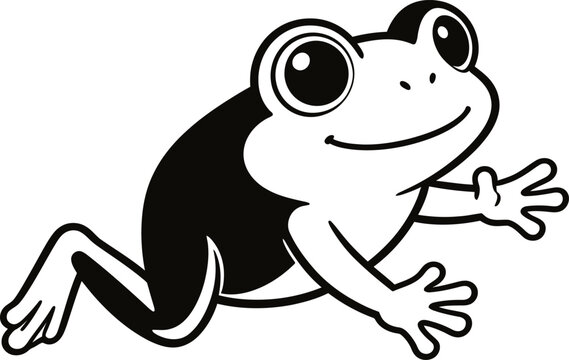 Cartoon illustration of a smiling frog in black and white