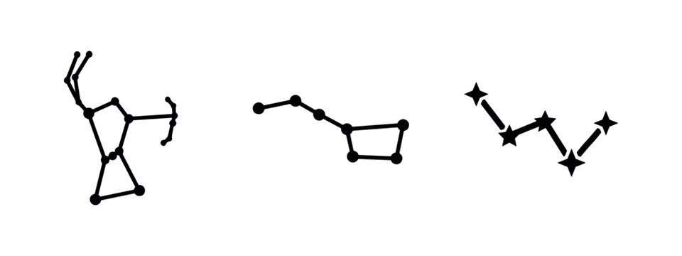 Constellations icon set. Celestial navigation symbols including Orion, Ursa Major, and Cassiopeia.