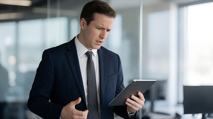 Fototapeta premium Concerned businessman in a navy suit studying a tablet in a bright modern office, tense expression and raised hand conveying confusion, stress, workload, decision making and technology