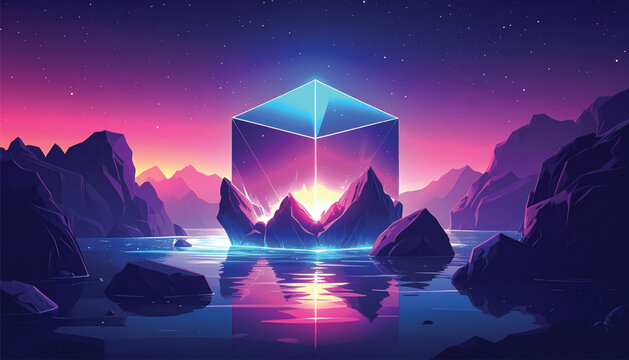 Glowing blue cube on mountain peak.