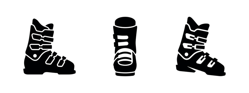 Ski boot icons set. Winter sport footwear and alpine skiing symbols. Vector graphic illustration.