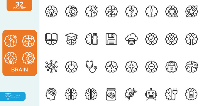 Brain Vector illustration line editable Icons set. for psychology and education designs. on white background.