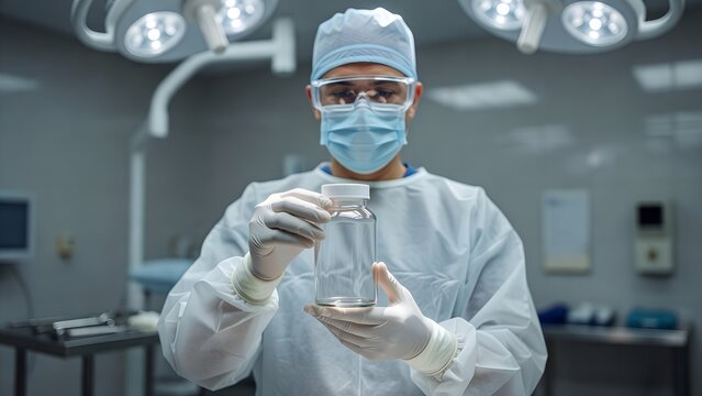 Laboratory professional in protective gown, mask, cap, goggles, and gloves carefully examining a clear specimen container inside a modern sterile medical research facility