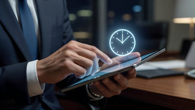 Businessman using a tablet at a desk with a glowing virtual clock above the screen, illustrating time management, scheduling, productivity, digital planning, deadlines, and workplace efficiency