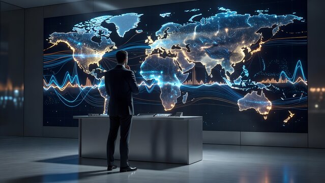 Entrepreneur viewing a luminous global map on a large office display, surrounded by financial charts and connection lines, conveying international business, analytics, markets, and strategy