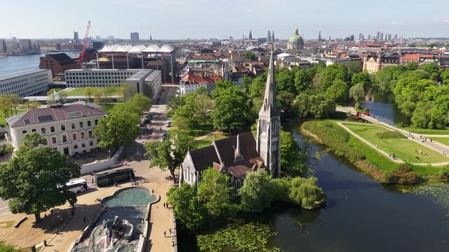 Aerial view of St Alban's Church and Gefion Fountain, Copenhagen, Denmark