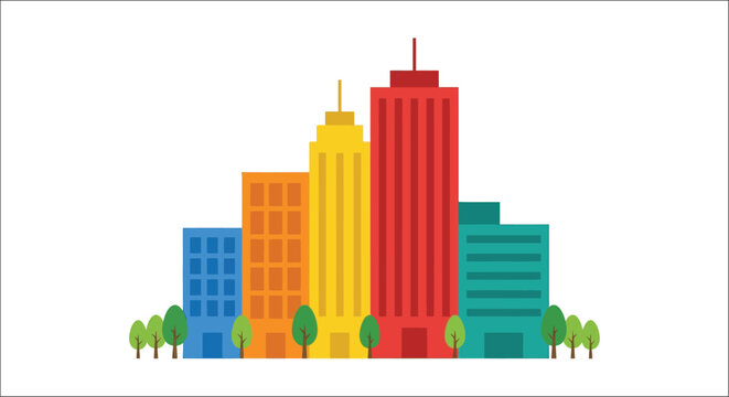 Colorful cityscape vector illustration with simplified building shapes and small green trees in front architecture buildings city