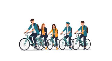 Fototapeta premium Diverse group of people riding bicycles with backpacks