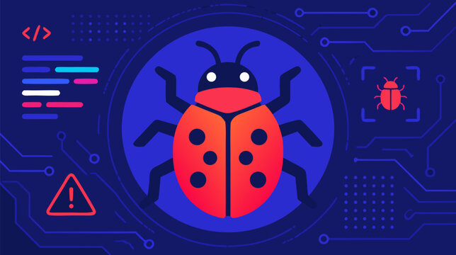 Software bug insect symbol flat vector illustration depicting a stylized beetle character representing a computer error or programming glitch in digital systems and application code.