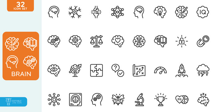 Brain Vector illustration line editable Icons set. for psychology and education designs. on white background.