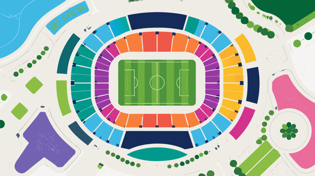 Abstract flat vector illustration of a generic stadium layout map showing seating sections, field, and infrastructure for sports arena architectural design and wayfinding navigation concept.