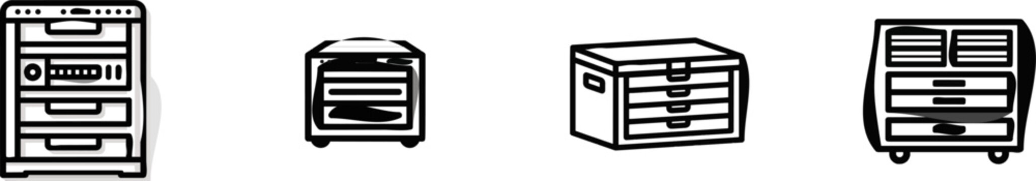 A minimalist flat vector icon of an industrial machine maintenance tool chest locker unit features clean bold lines, clear contours, simple geometric shapes, and is isolated on a pure solid white