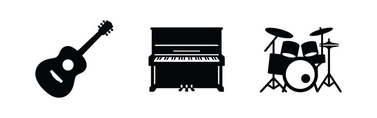 Music instruments set. Acoustic guitar, upright piano, and drum kit silhouette icons. Musical education and entertainment. © Lili