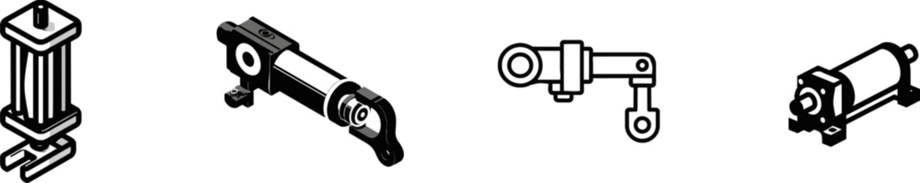 A minimalist flat vector icon of an industrial pneumatic air cylinder clevis mount bracket in black and white, featuring clean bold lines and clear contours on a pure solid white background