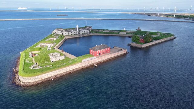 Flight over Trekroner Fort sea fortress landmark, Copenhagen, Denmark