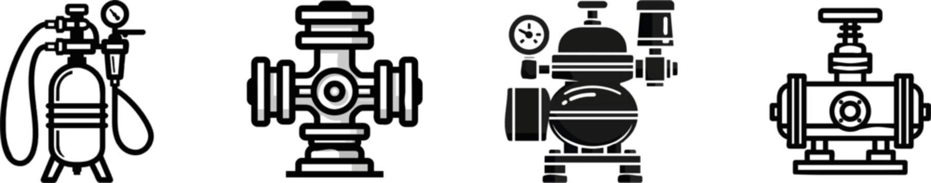 A minimalist flat vector icon of a pneumatic air diaphragm pump features clean bold lines, clear contours, simple geometric shapes, and is isolated on a pure solid white background